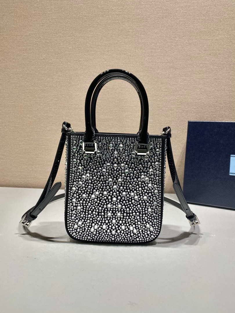 Replica Prada 1BA331 Small satin tote bag with crystals Black