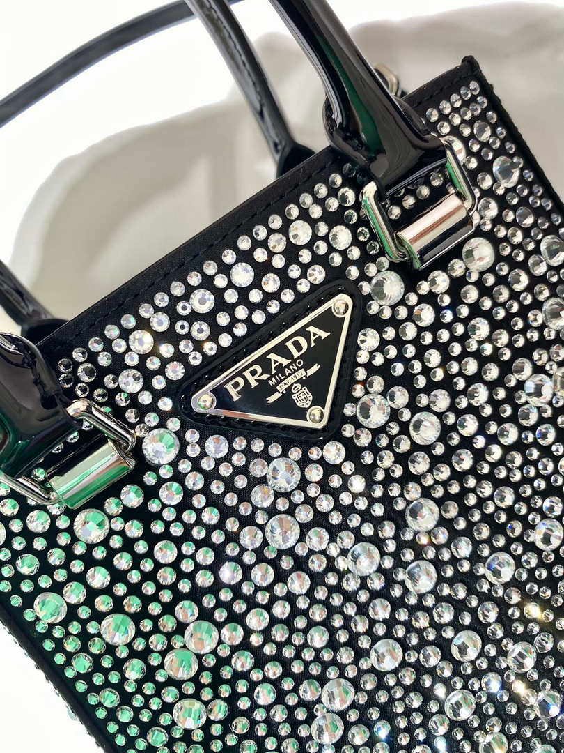 Replica Prada 1BA331 Small satin tote bag with crystals Black