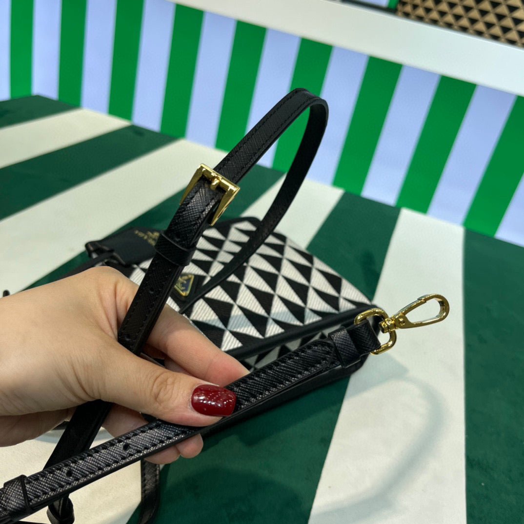 65325190b150e.jpg Replica Prada 1BA355 Symbole Jacquard Fabric Micro Bag Black White