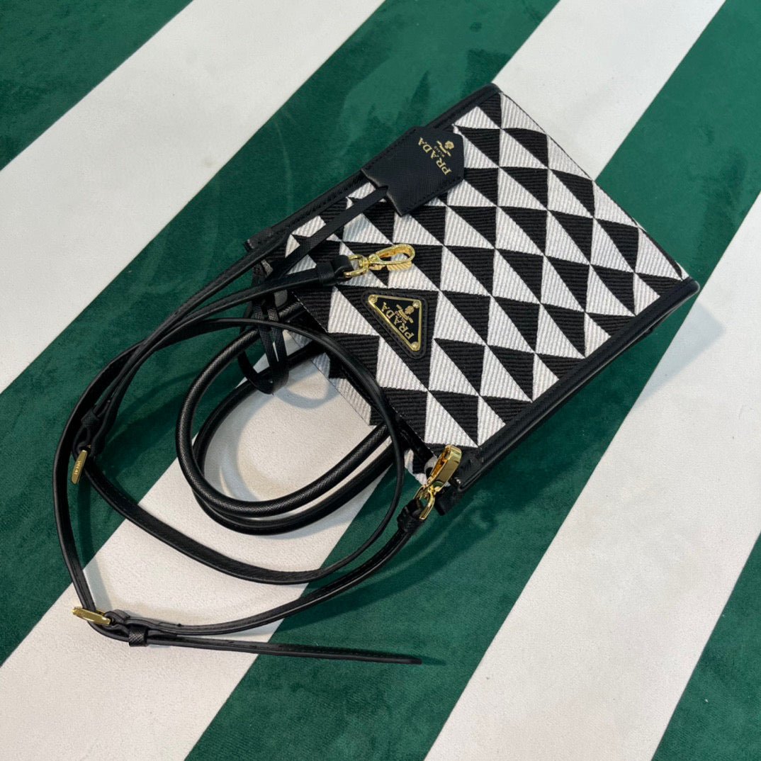 65325191cec49.jpg Replica Prada 1BA355 Symbole Jacquard Fabric Micro Bag Black White