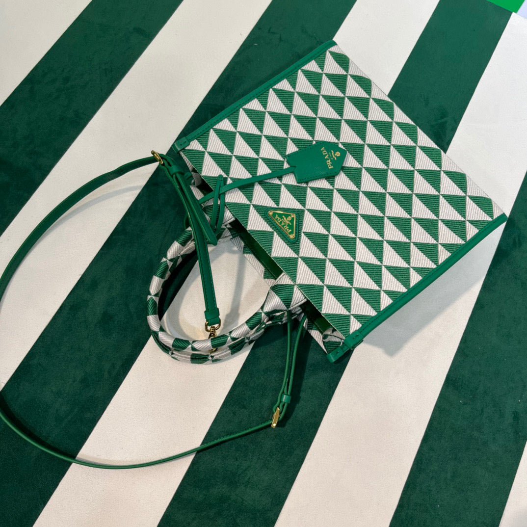 653251cd785fb.jpg Replica Prada 1BA354 Small Prada Symbole jacquard fabric handbag Green White