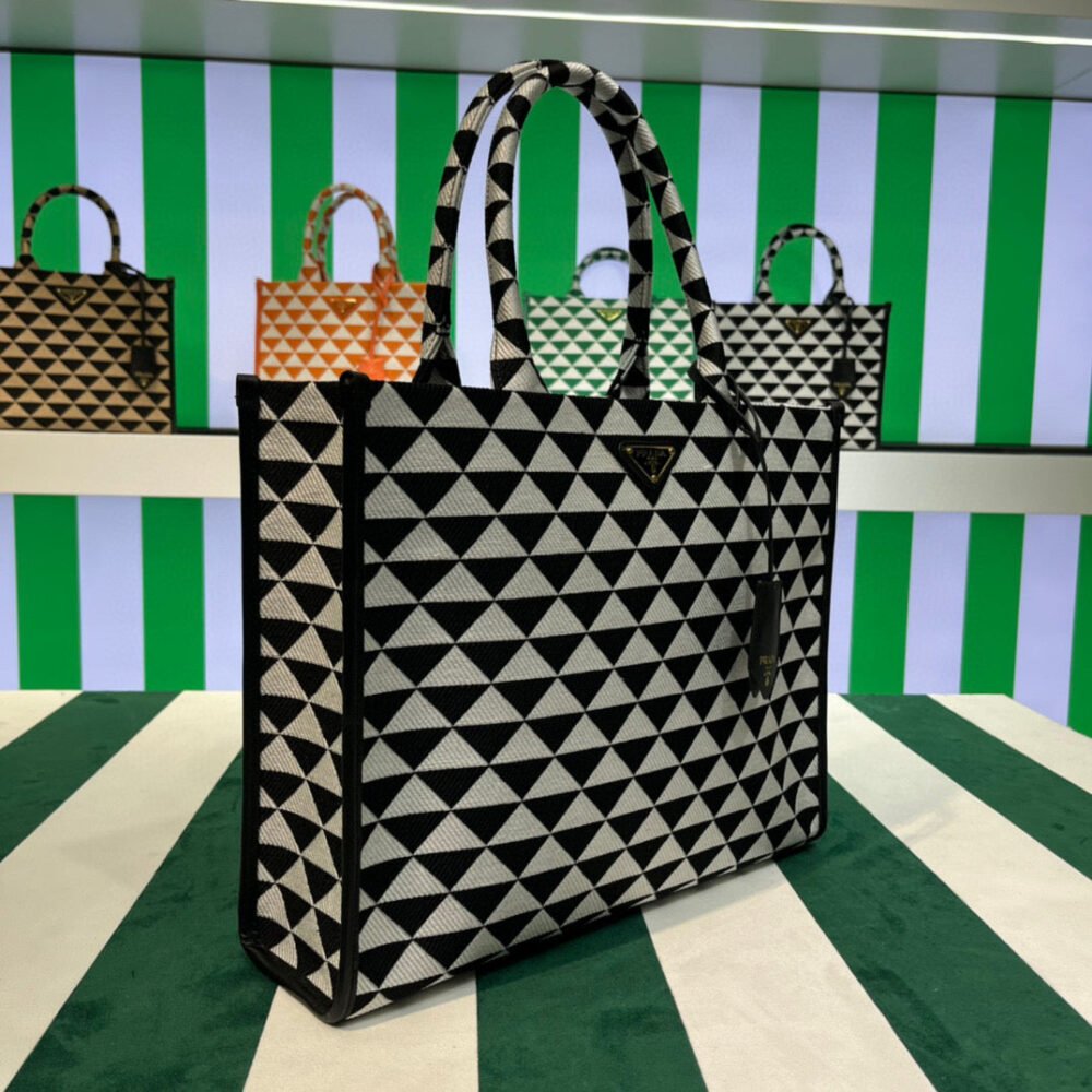 653251dd24d0a.jpg Replica Prada 1BA356 Large Prada Symbole Jacquard Fabric Handbag Black White