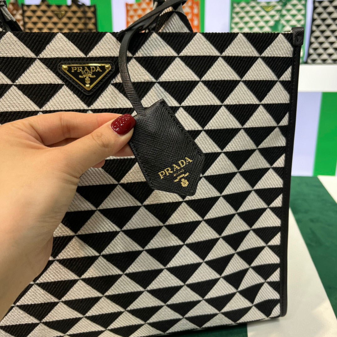 653251df89bac.jpg Replica Prada 1BA356 Large Prada Symbole Jacquard Fabric Handbag Black White