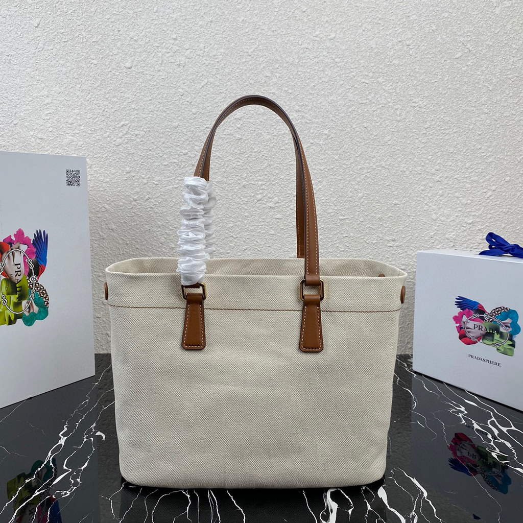 653252690169f.jpg Replica Prada 1BG356 Small linen blend and leather tote Beige