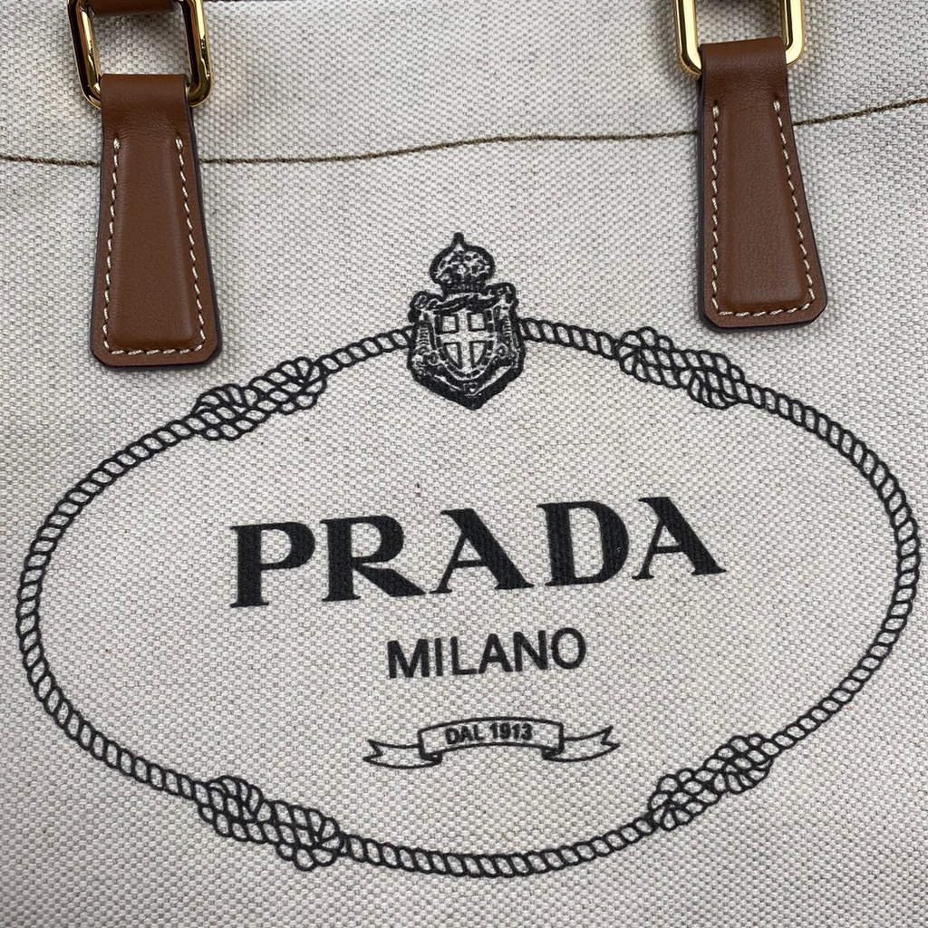 6532526b2b974.jpg Replica Prada 1BG356 Small linen blend and leather tote Beige