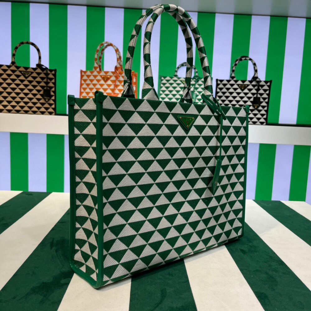 6532532c98097.jpg Replica Prada 1BA356 Large Prada Symbole Jacquard Fabric Handbag Green White