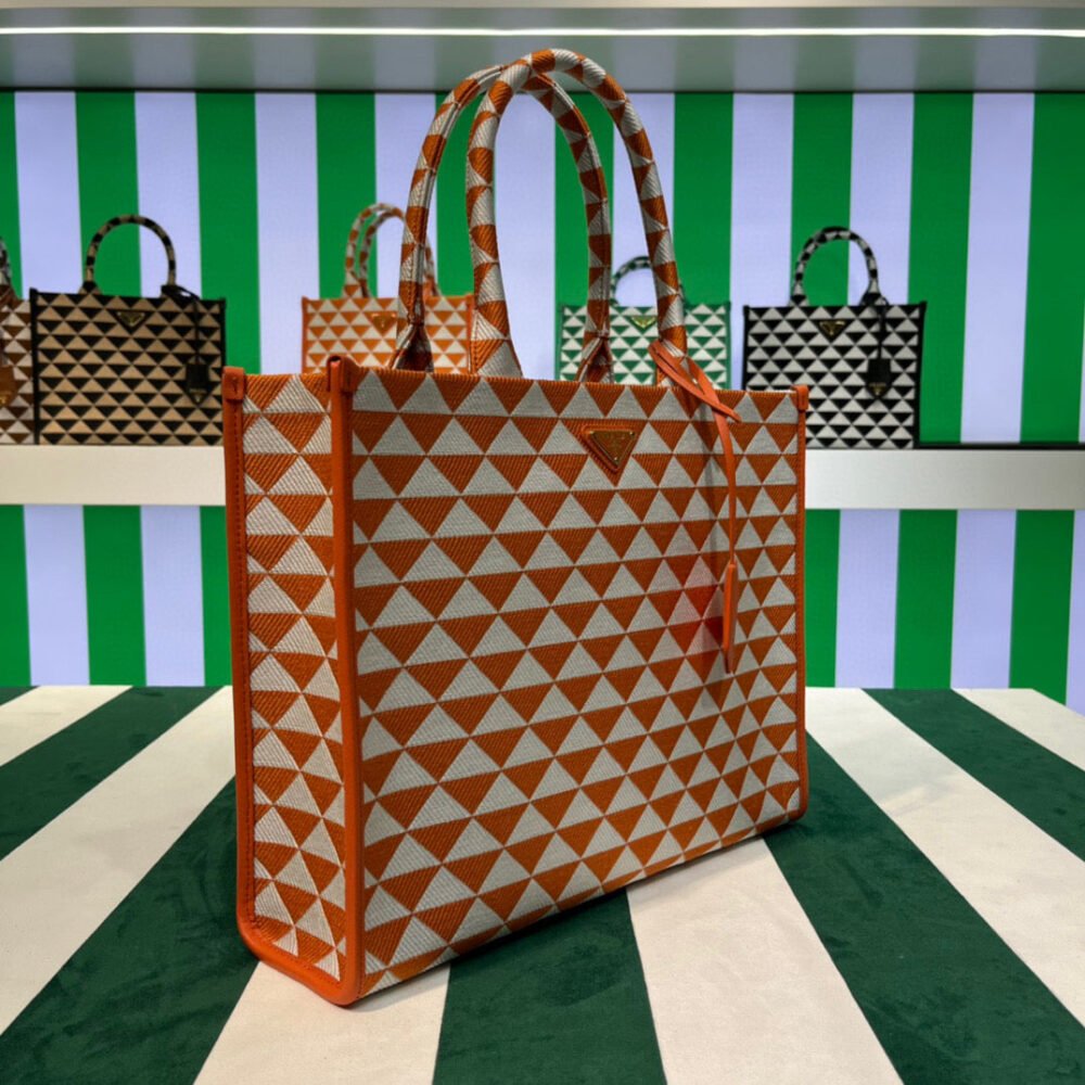 653253384cf0a.jpg Replica Prada 1BA356 Large Prada Symbole Jacquard Fabric Handbag Orange White