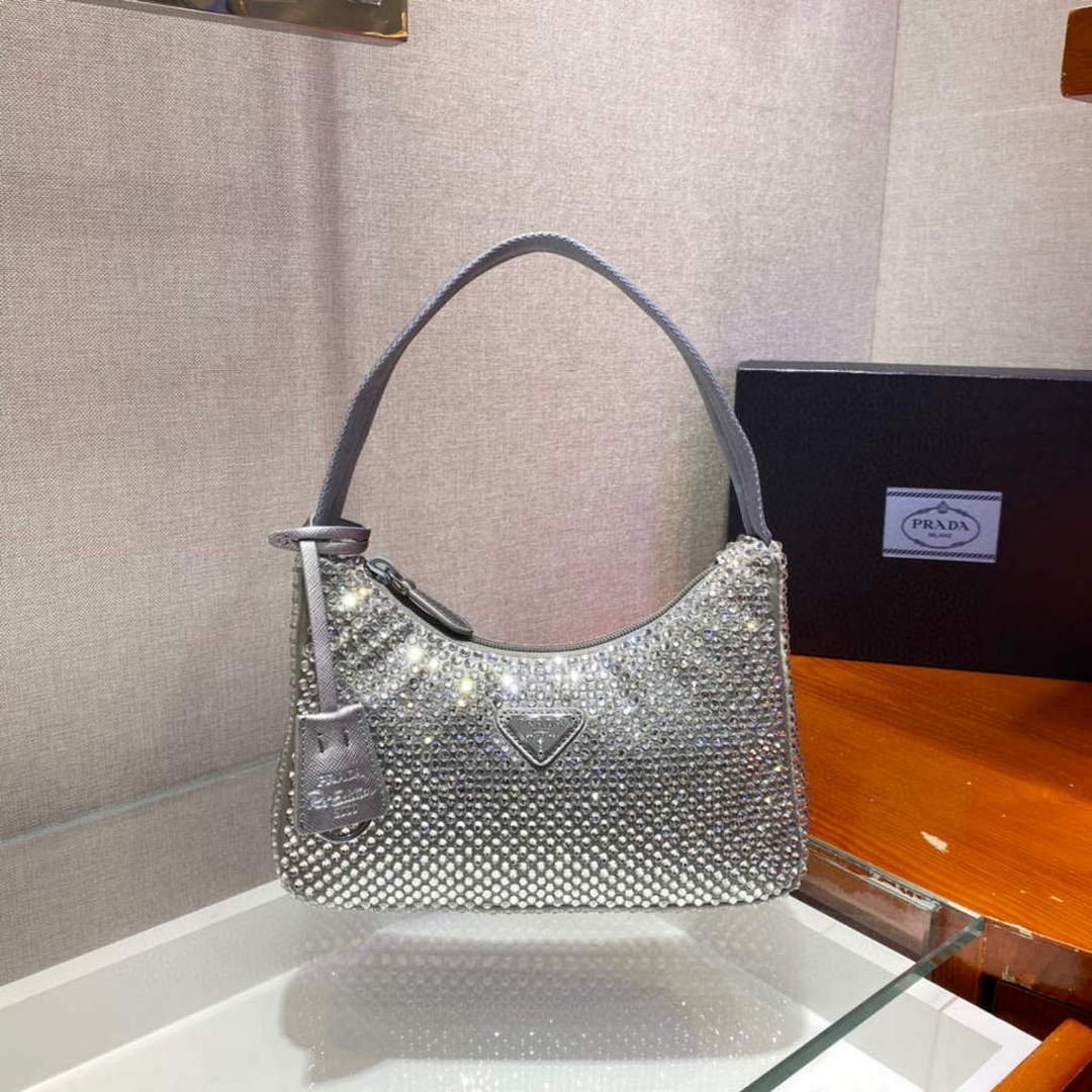 Replica Prada 1NE515 Satin mini-bag with artificial crystals gray