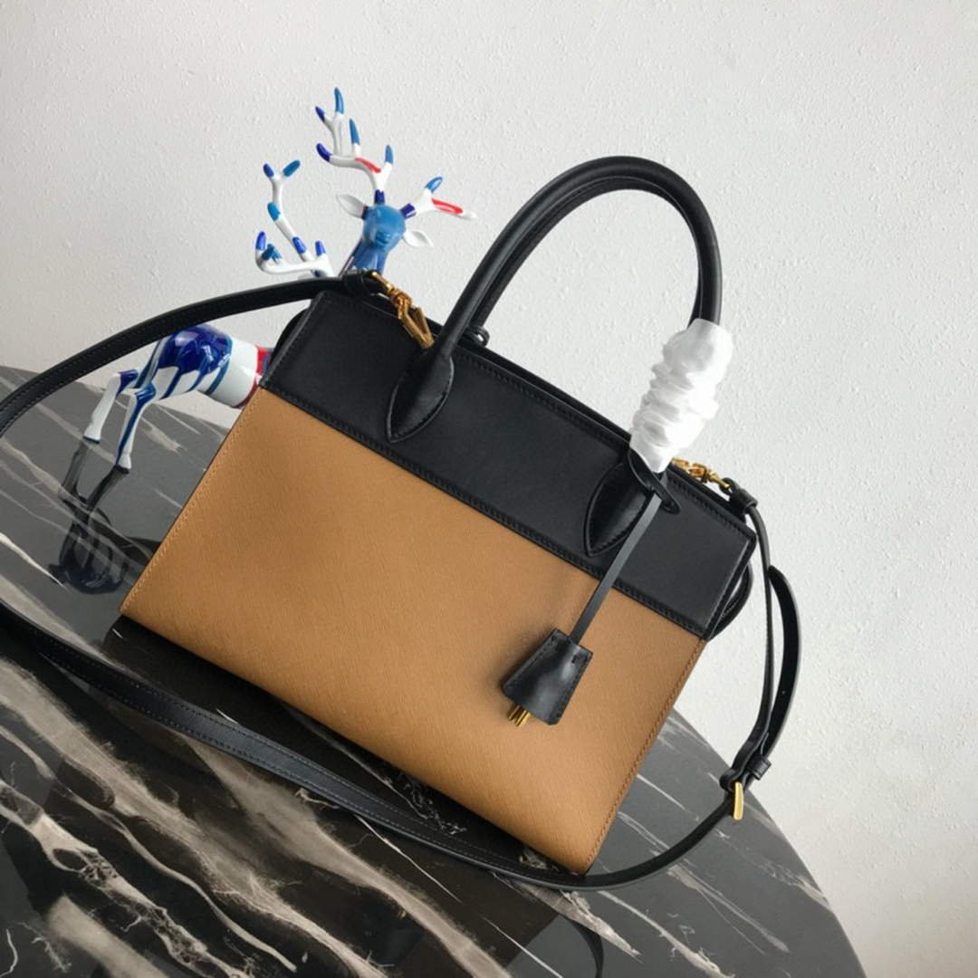 65325405235d2.jpg Replica Prada 1BA046 Medium Esplanade Leather Tote Bag Apricot and Black