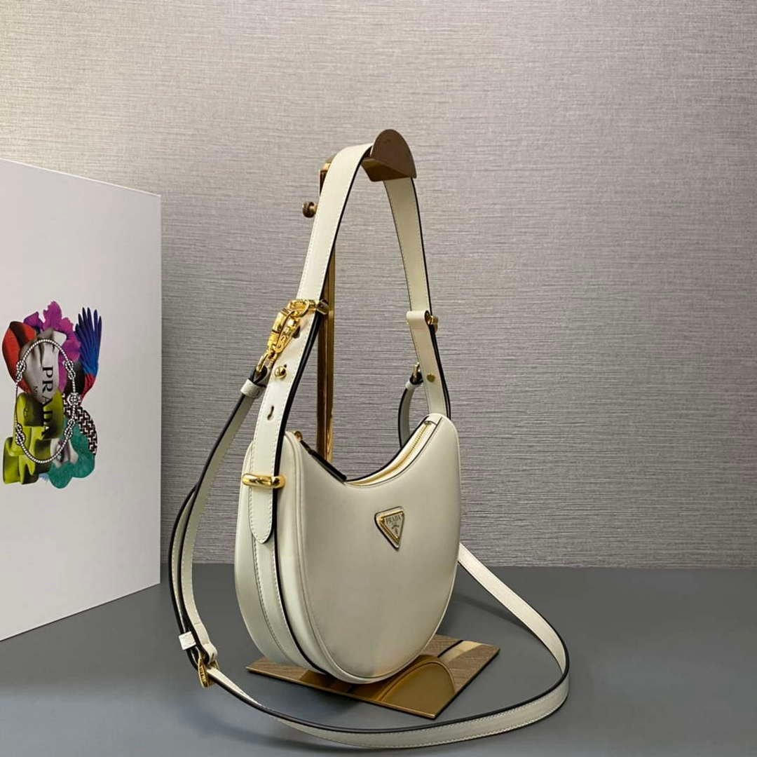 Replica Prada 1BC194 Prada Arqué Leather Shoulder Bag White