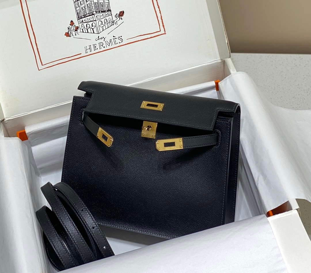 Replica Hermes Evercolor Kelly Danse II 22cm Leather Crossbody Bag H20370 Black