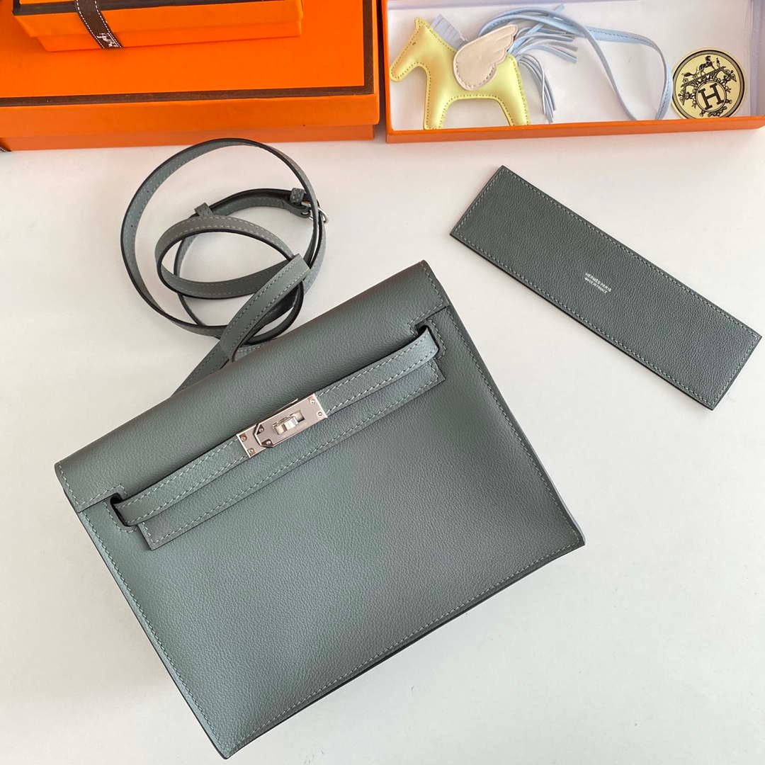 Replica Hermes Evercolor Kelly Danse II 22cm Leather Crossbody Bag H20369 Gray Silver