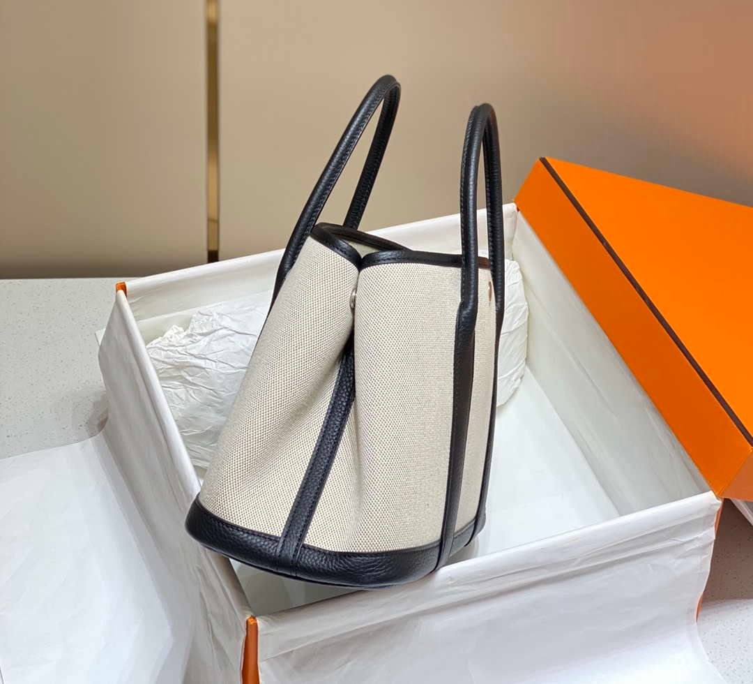 Replica Hermes Beige Canvas and Black leather Garden Party 30cm Bag H239051