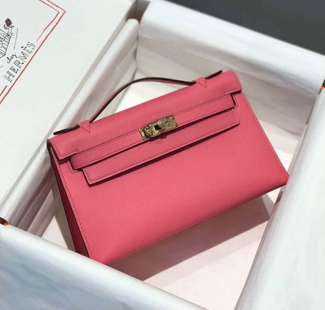Replica Hermes Mini Kelly Pouchette Swift Leather clutch bag Gold H230250