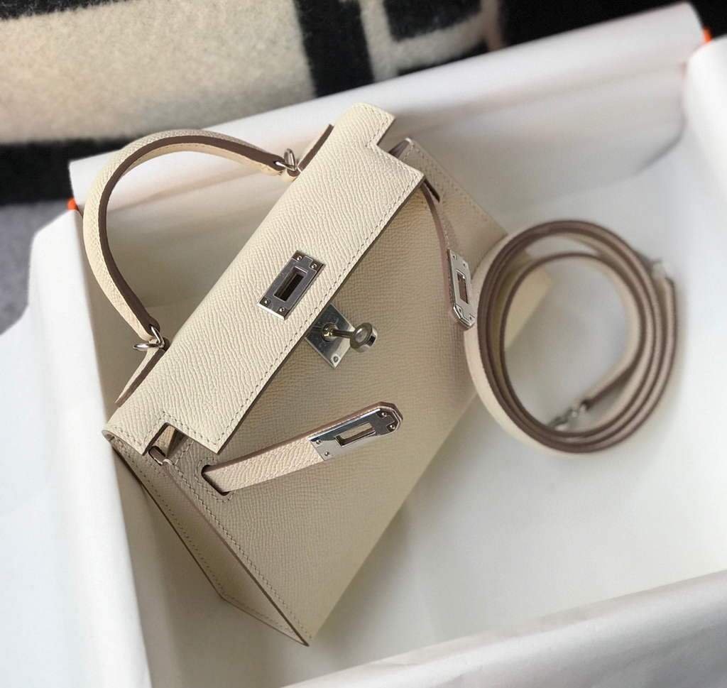 Replica Hermes Kelly Bag Hermes 19CM Epsom Shoulder Mini Bag Beige Silver buckle 20457
