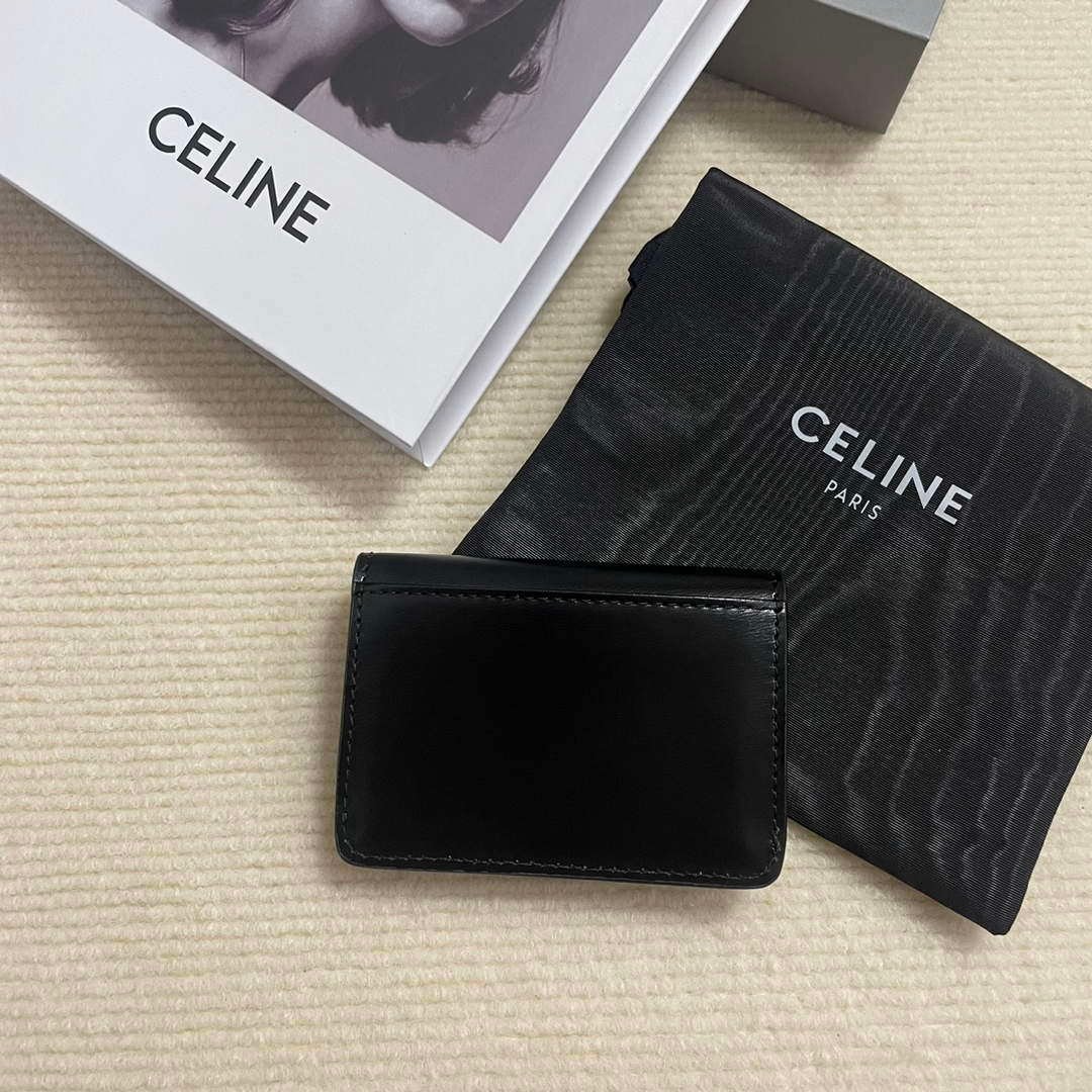 Replica Celine 10I583 Card Holder With Flap Triomphe In Shiny Calfskin Black