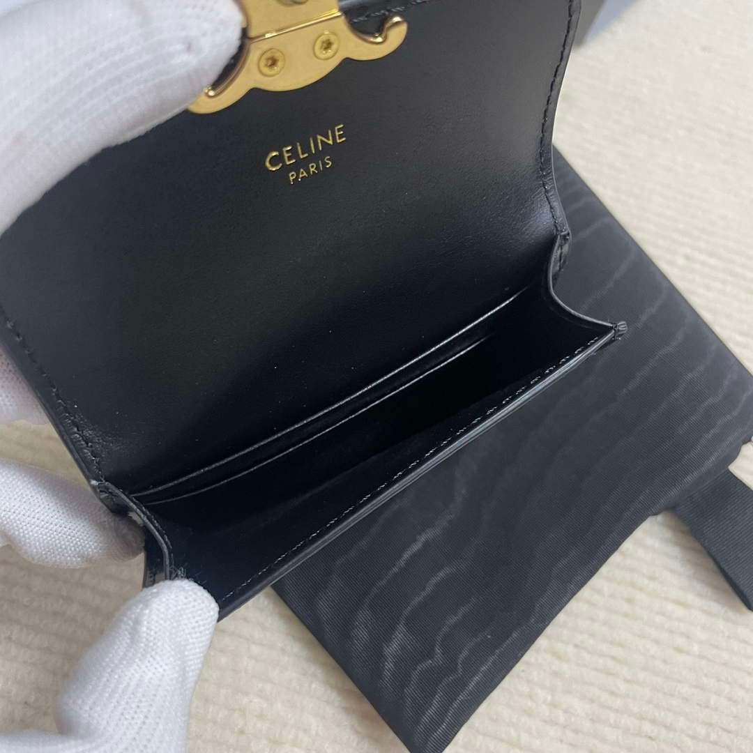 Replica Celine 10I583 Card Holder With Flap Triomphe In Shiny Calfskin Black