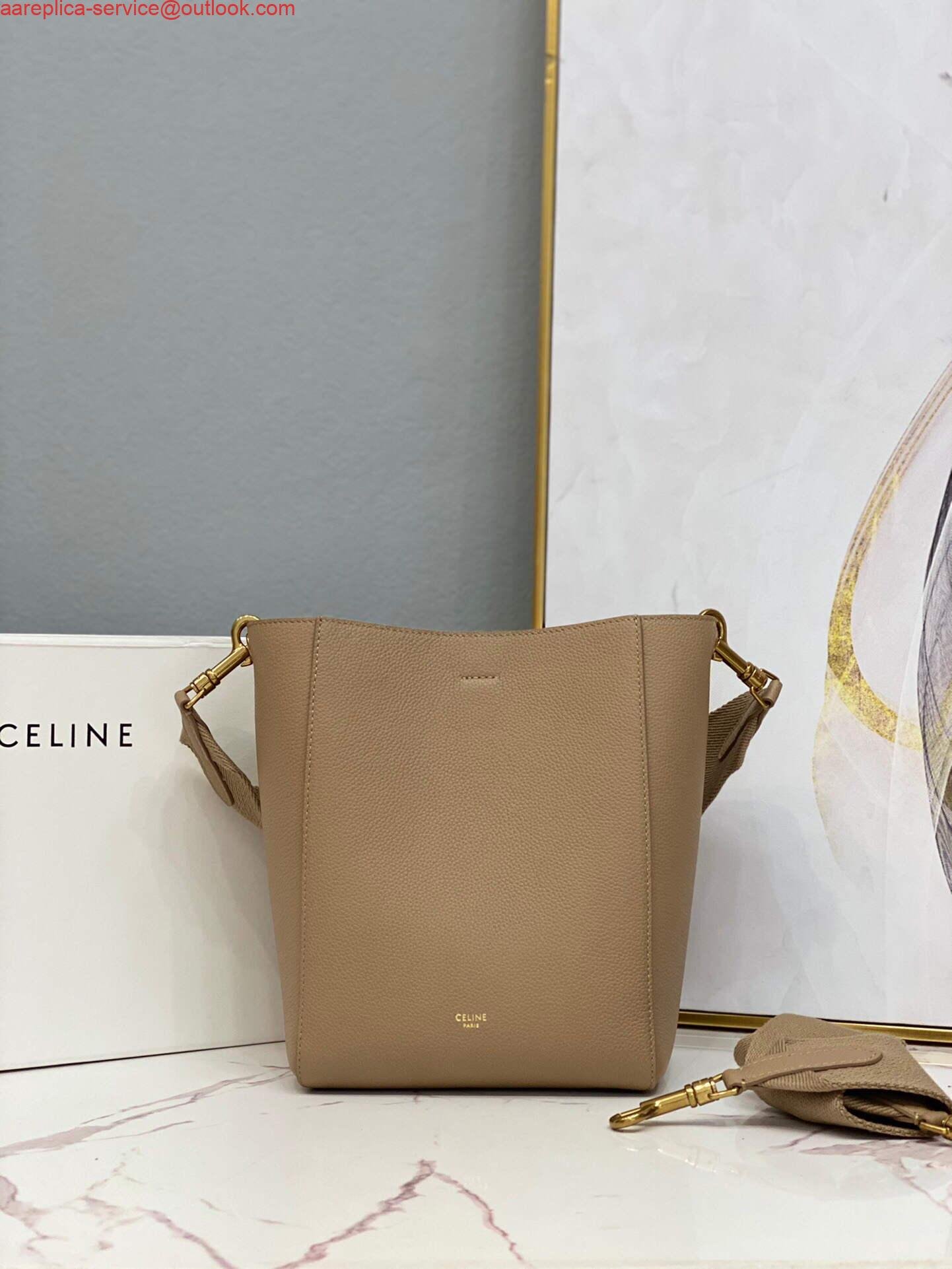 Replica Celine 178303 Sangle Small Bucket Bag in Soft Grained Calfskin Apricot