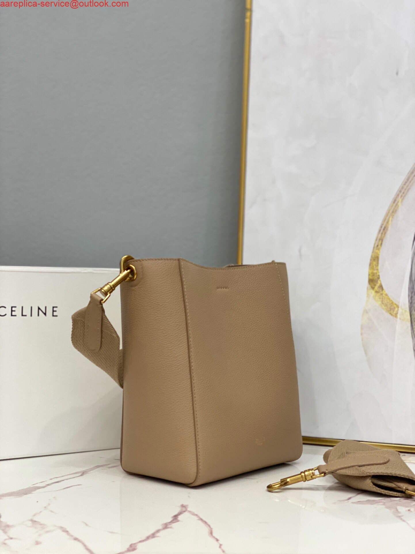 Replica Celine 178303 Sangle Small Bucket Bag in Soft Grained Calfskin Apricot