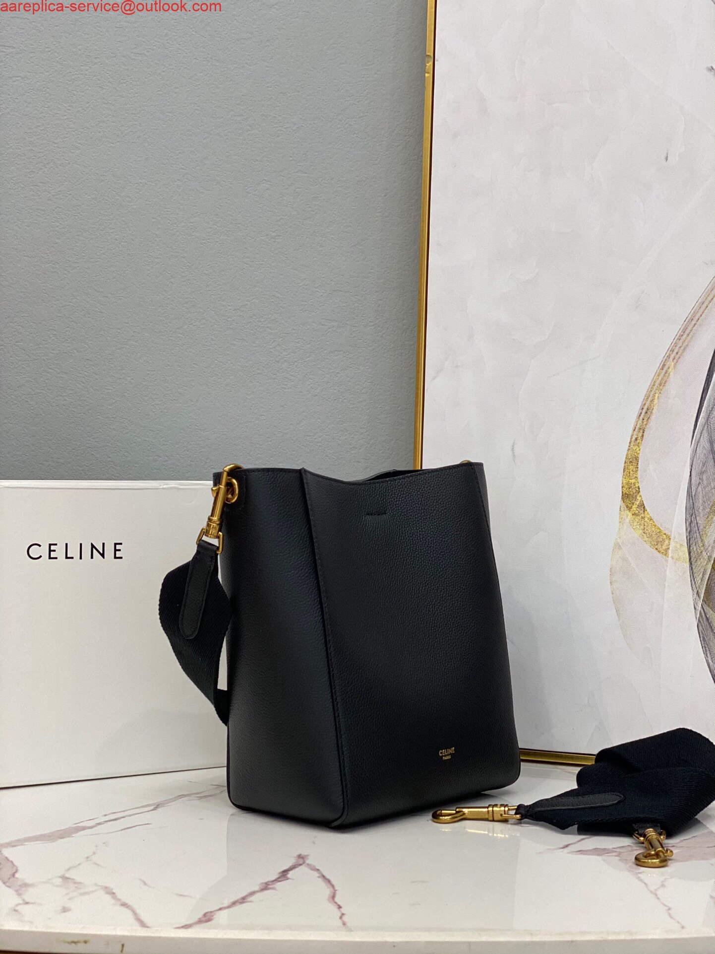 Replica Celine 178303 Sangle Small Bucket Bag in Soft Grained Calfskin Black