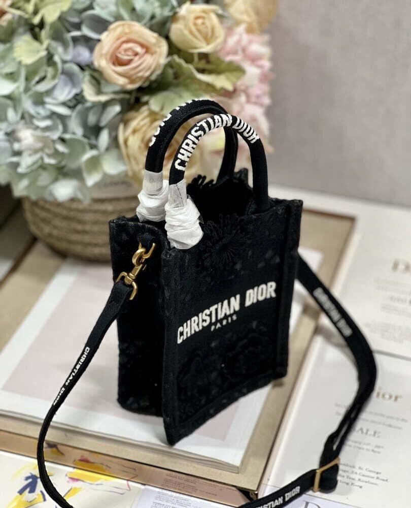 Replica Dior S5555 Mini Dior Book Tote Phone Bag Black lace flowers S1108