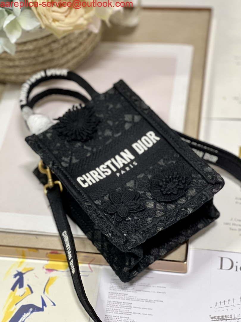 Replica Dior S5555 Mini Dior Book Tote Phone Bag Black lace flowers S1108