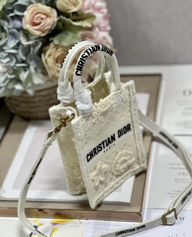 Replica Dior S5555 Mini Dior Book Tote Phone Bag Biege lace flowers S1109