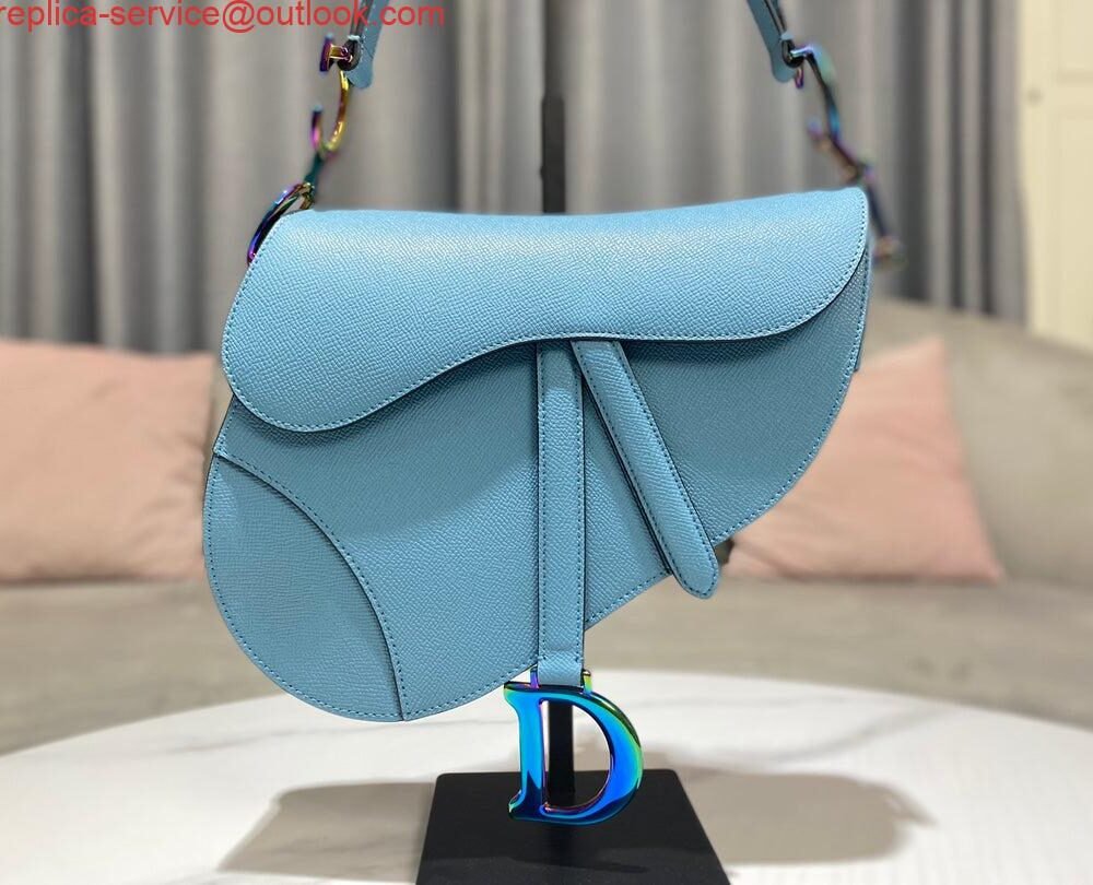 Replica Dior M0446 Dior Saddle Bag Light Blue Grained Calfskin Blue logo