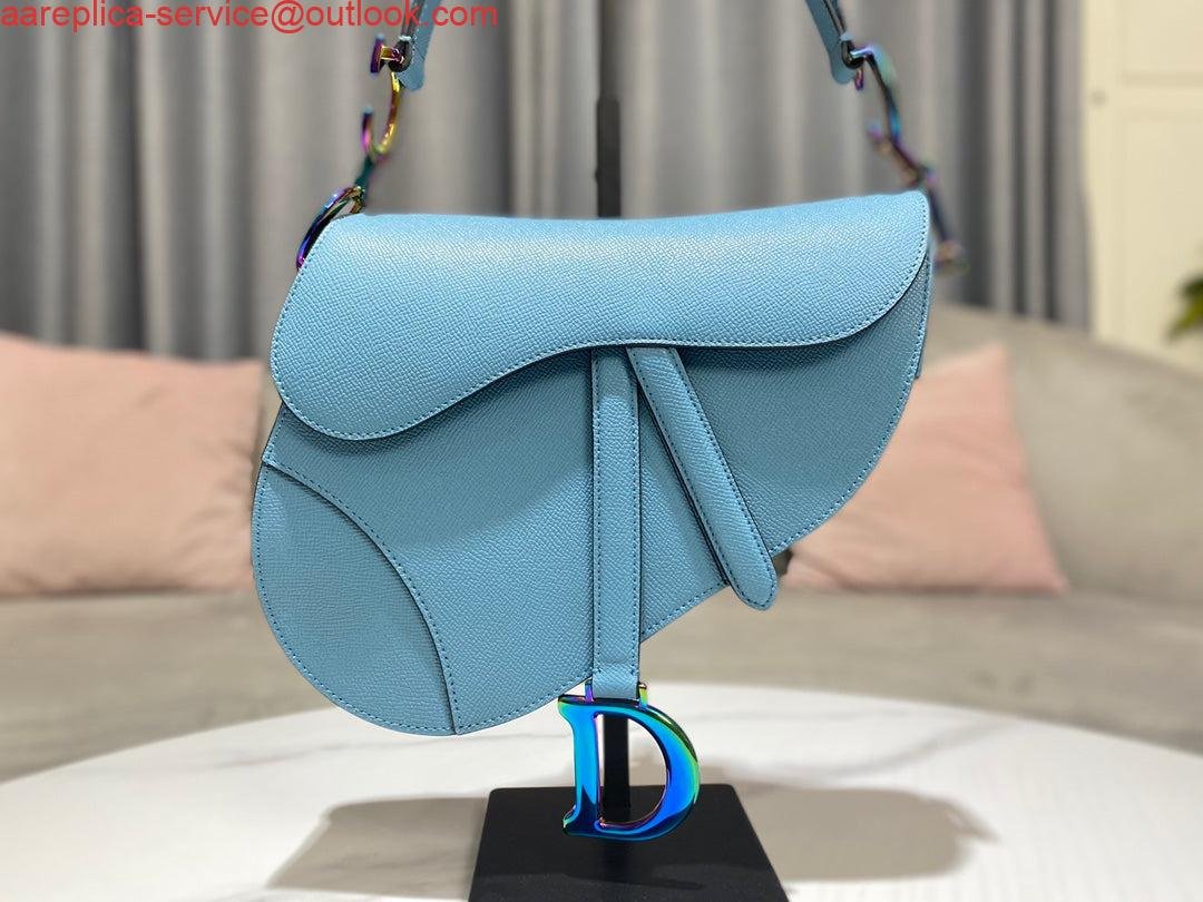 Replica Dior M0446 Dior Saddle Bag Light Blue Grained Calfskin Blue logo