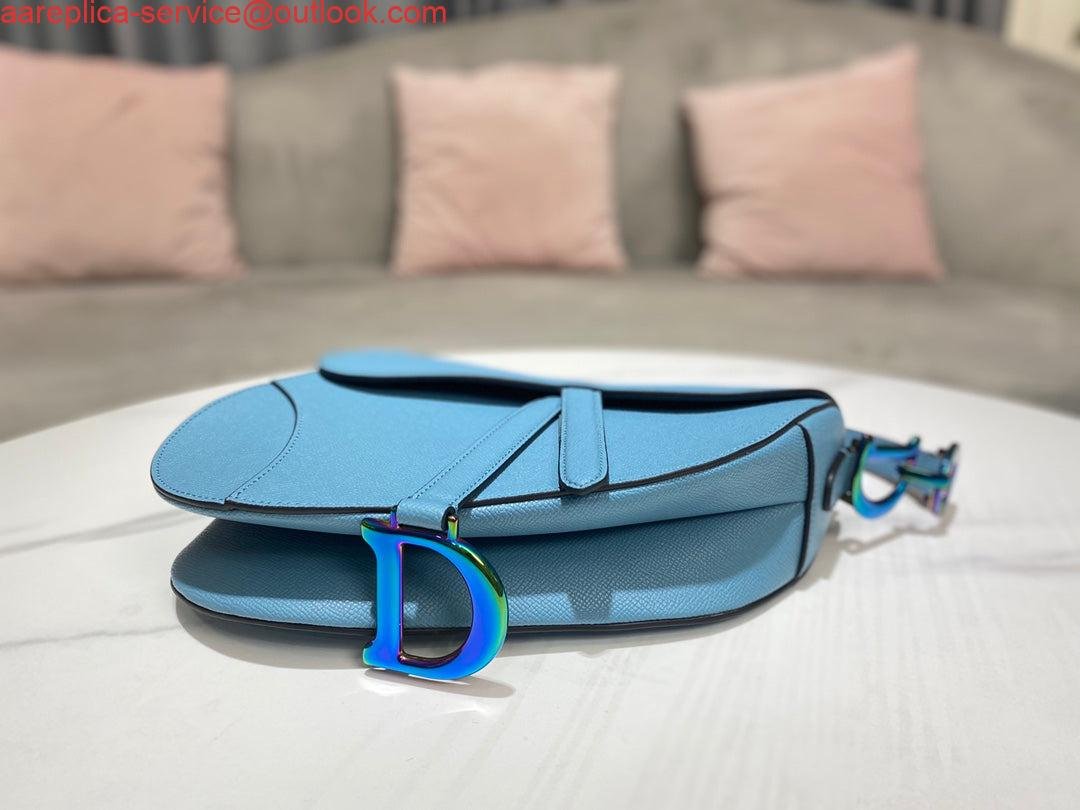 Replica Dior M0446 Dior Saddle Bag Light Blue Grained Calfskin Blue logo