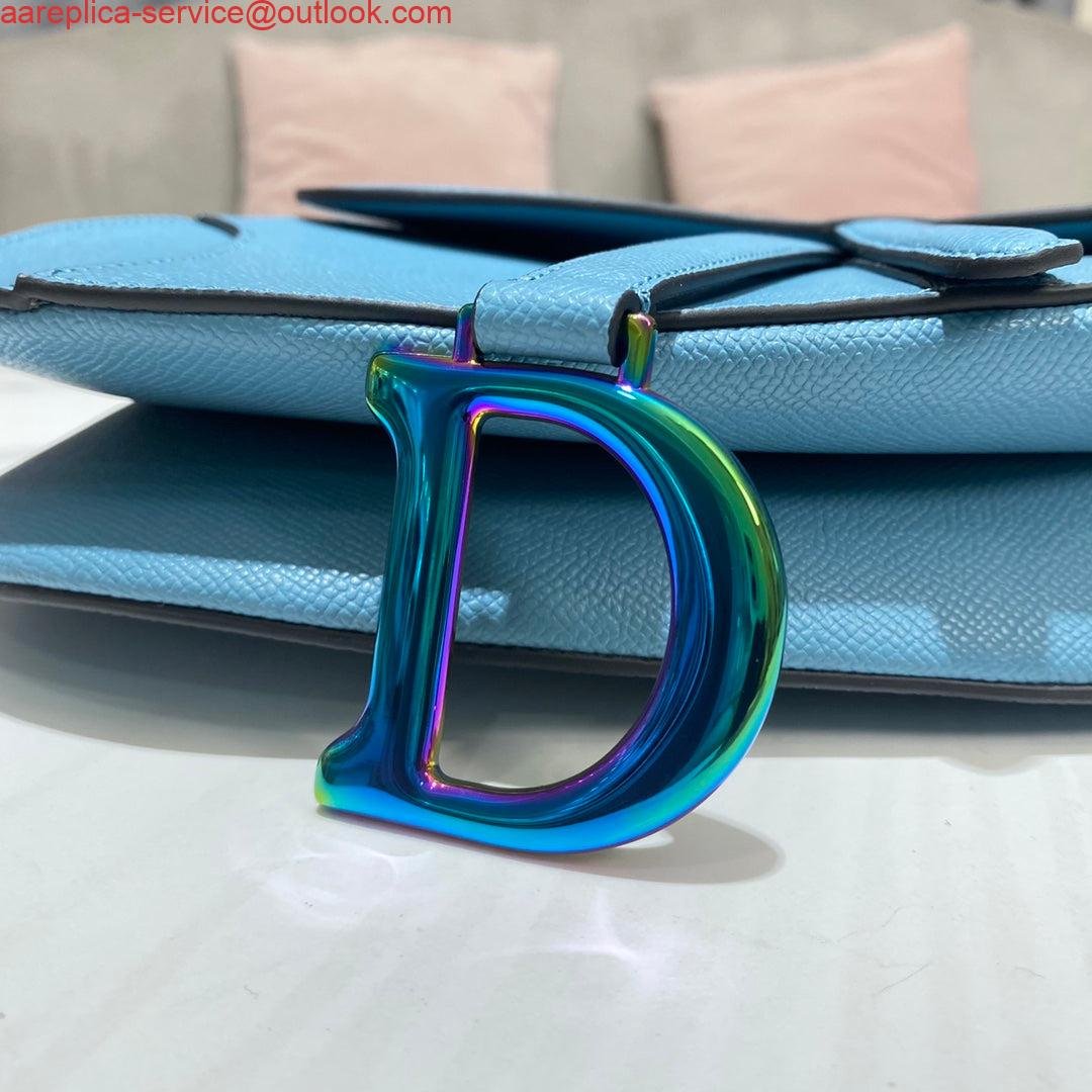 Replica Dior M0446 Dior Saddle Bag Light Blue Grained Calfskin Blue logo
