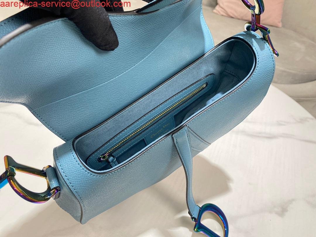 Replica Dior M0446 Dior Saddle Bag Light Blue Grained Calfskin Blue logo