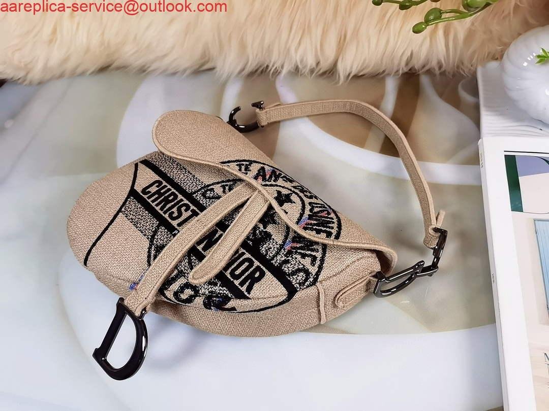 Replica Dior Saddle Bag Beige Jute Canvas Embroidered M0446