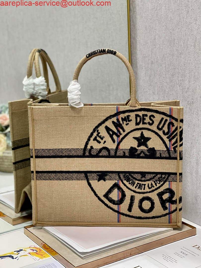 Replica Dior M1286 Large Book Tote Beige jute fabric with Union motif embroidery