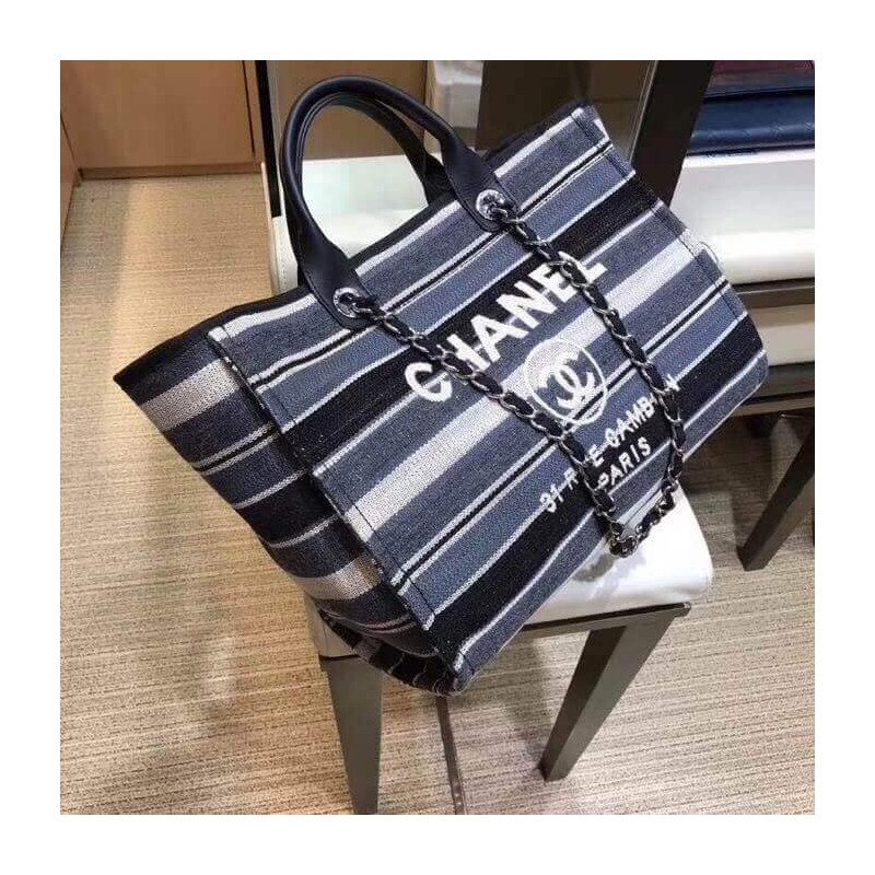 Luxury Replica Chanel Deauville Black High Quality Grey Striped Tweed Canvas Tote A66941