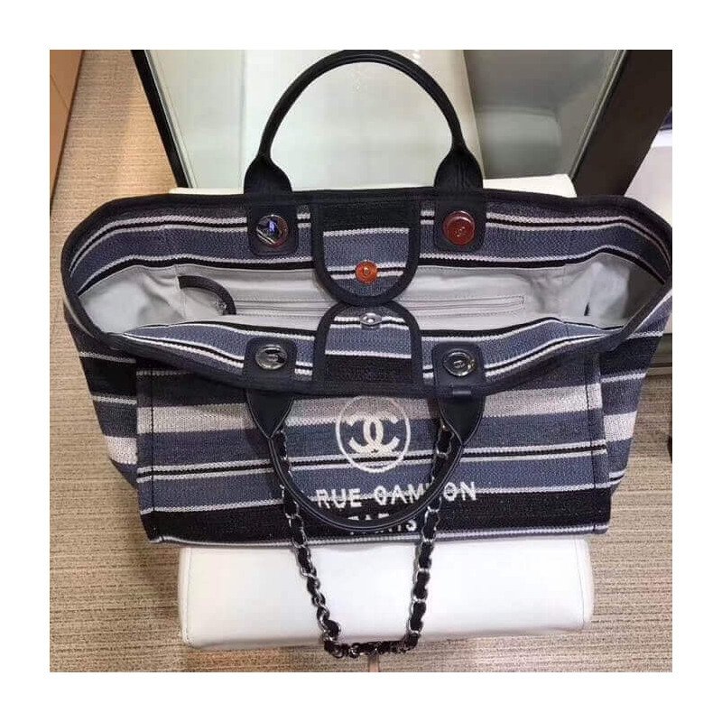 Luxury Replica Chanel Deauville Black High Quality Grey Striped Tweed Canvas Tote A66941
