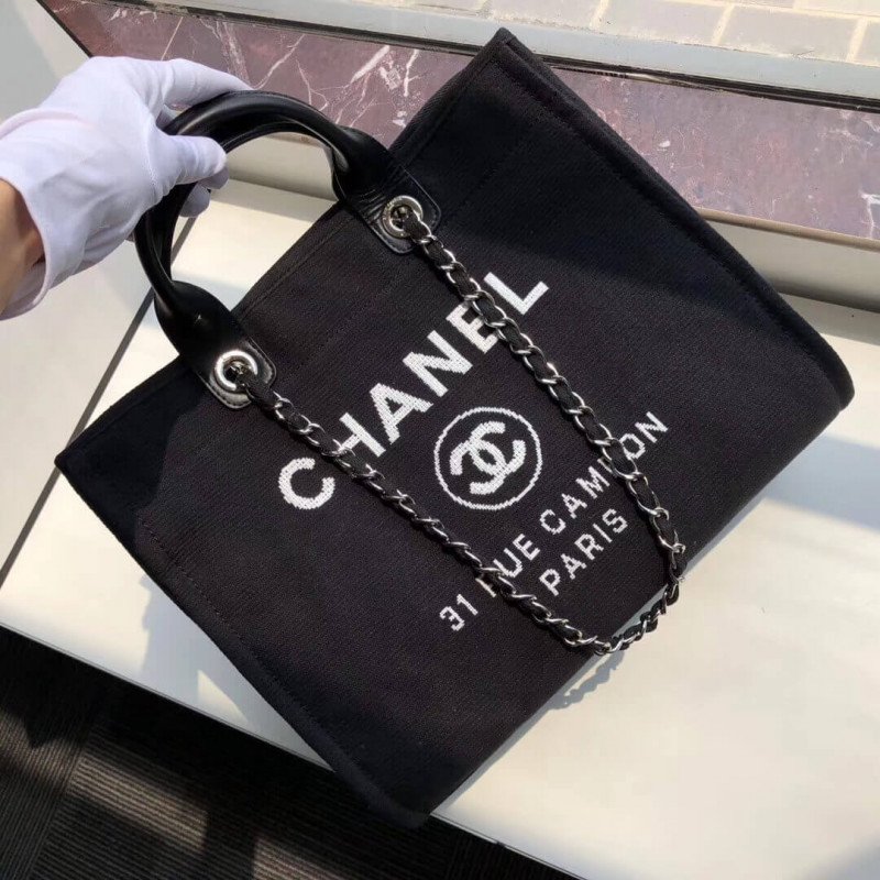 Luxury Replica Chanel Deauville Tote 38Cm Canvas Fashion Bag A66941 Black/White