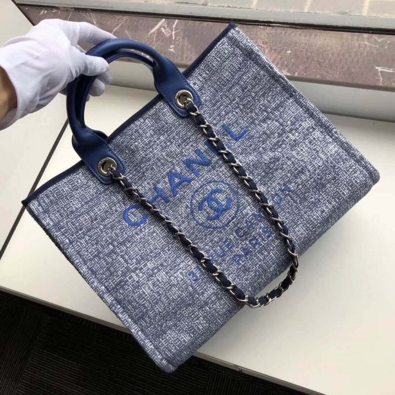 Replica Chanel Deauville Tote Best 38Cm Canvas 1:1 Mirror Bag A66941 Blue Jacquard
