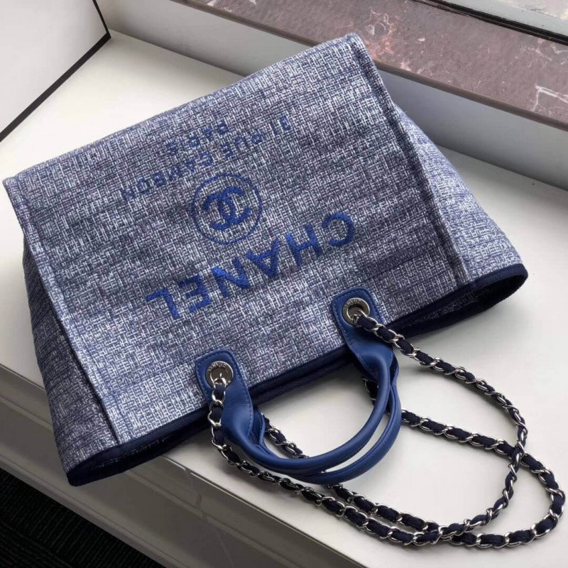 Replica Chanel Deauville Tote Best 38Cm Canvas 1:1 Mirror Bag A66941 Blue Jacquard
