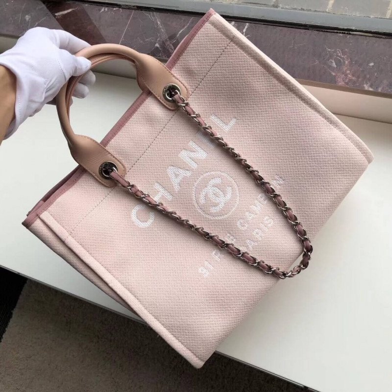 Replica Chanel 1:1 Mirror Deauville Tote 38Cm Canvas Bag Luxury A66941 Pink/White
