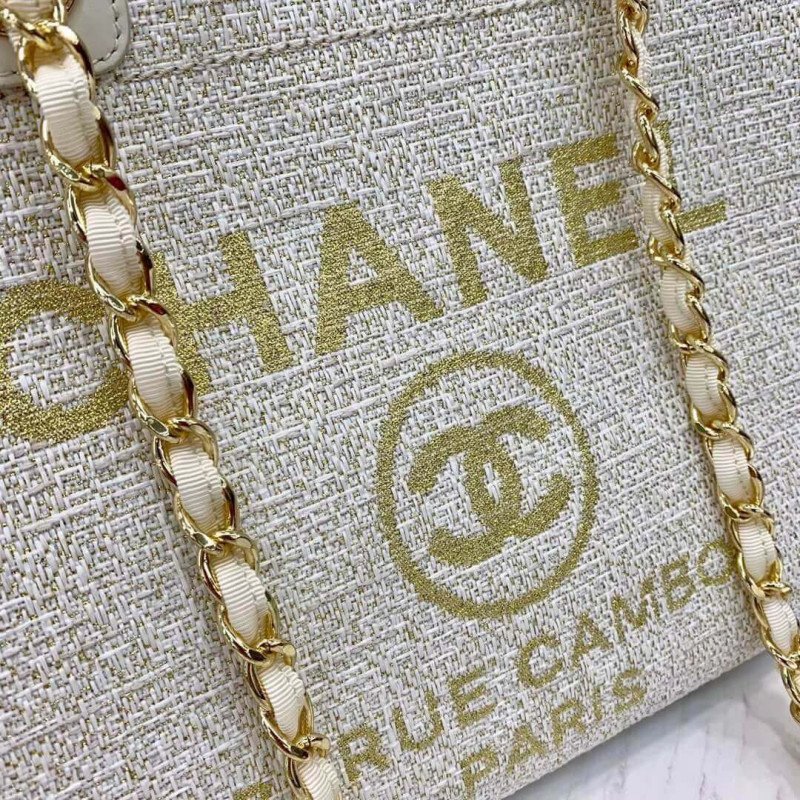 Replica Chanel Deauville Tote 38Cm Copy Canvas Bag Replicas A66941 White/Gold