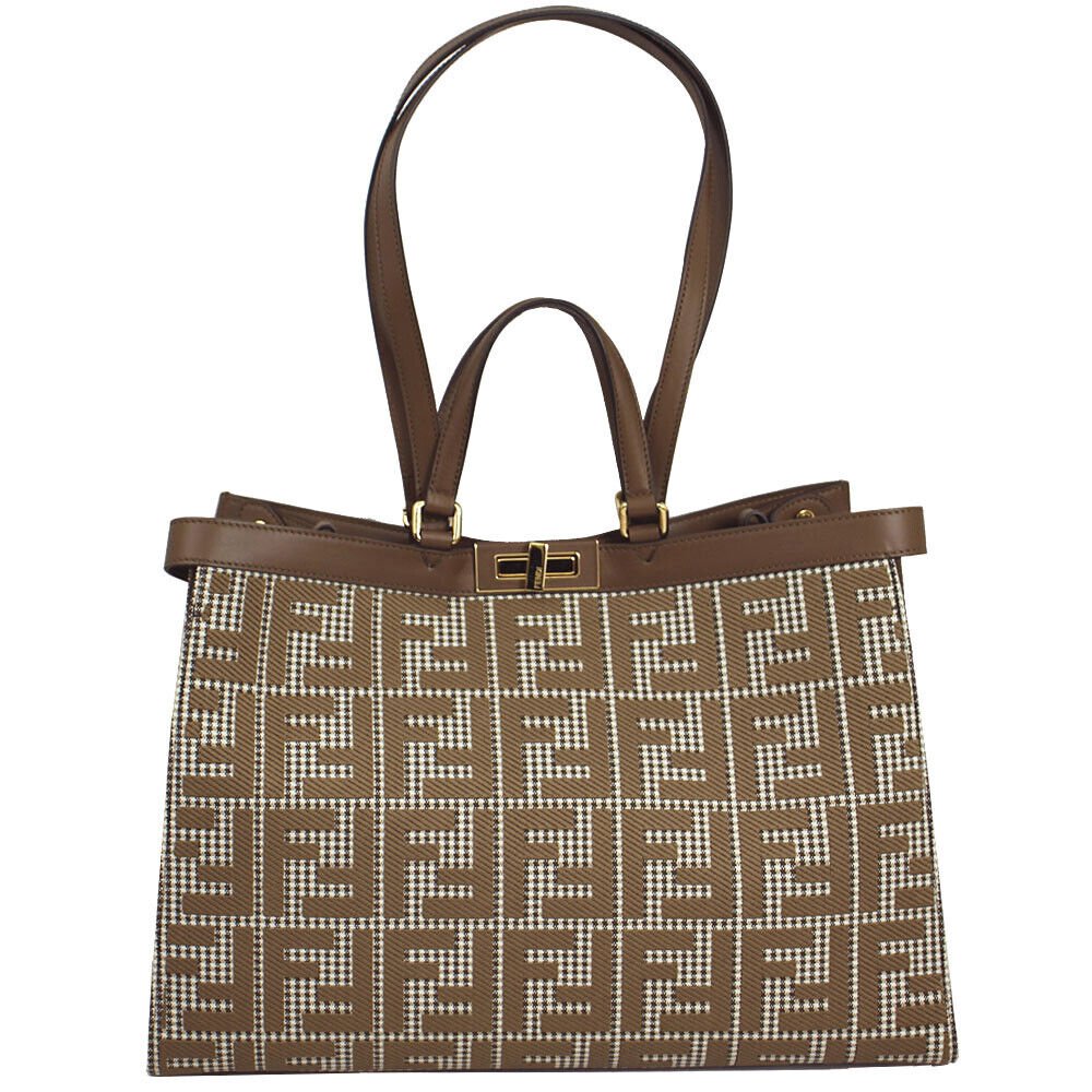 Replica Fendi 8BH374 X-Tote Brown houndstooth wool shopper with FF embroidery 8589